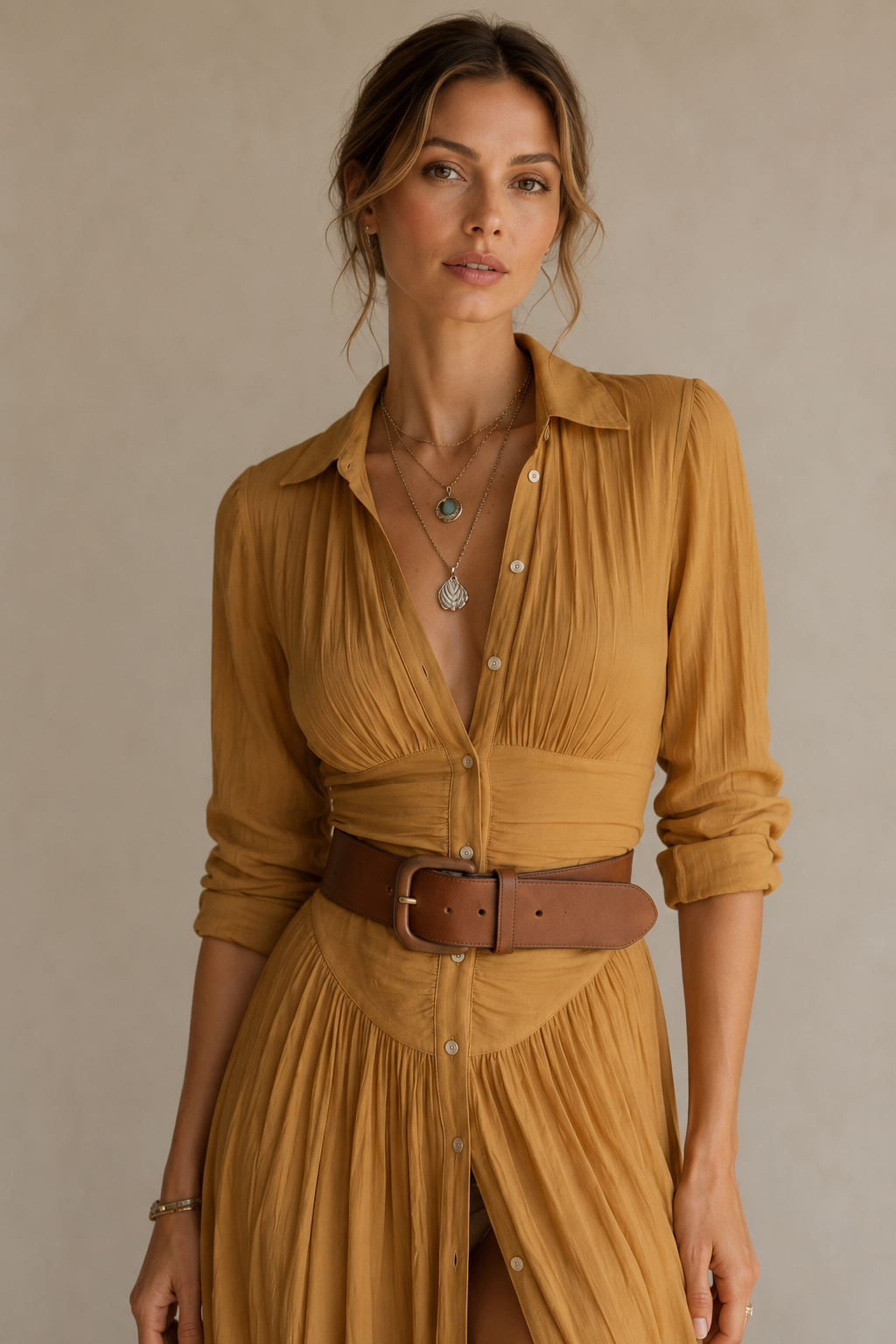 Margot Ruched Waist Button-Front Maxi Shirt Dress