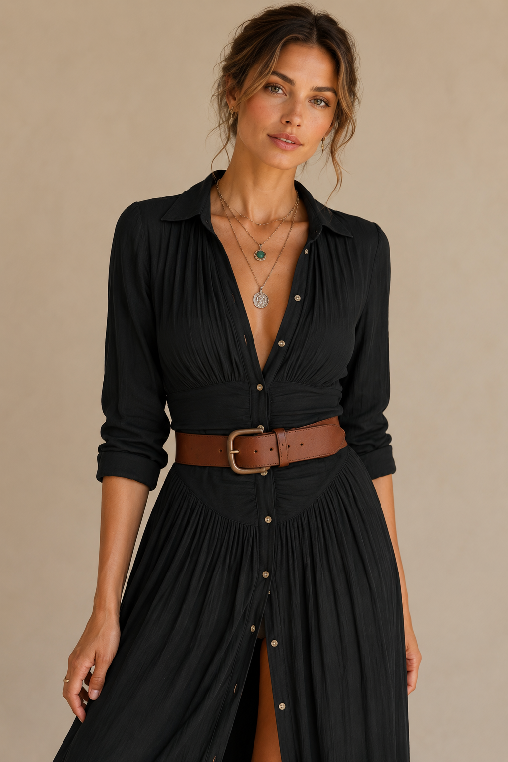 Margot Ruched Waist Button-Front Maxi Shirt Dress