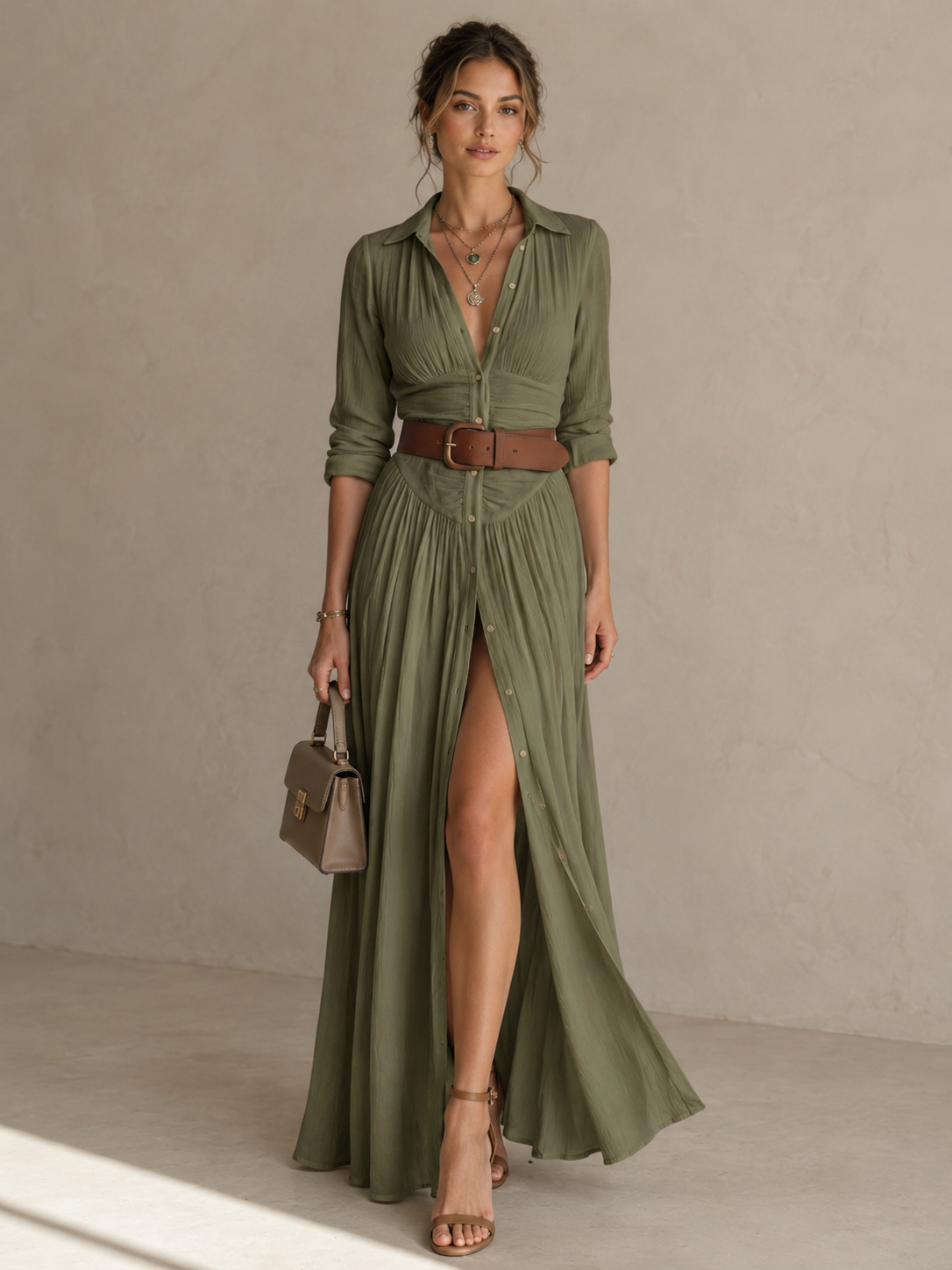 Margot Ruched Waist Button-Front Maxi Shirt Dress