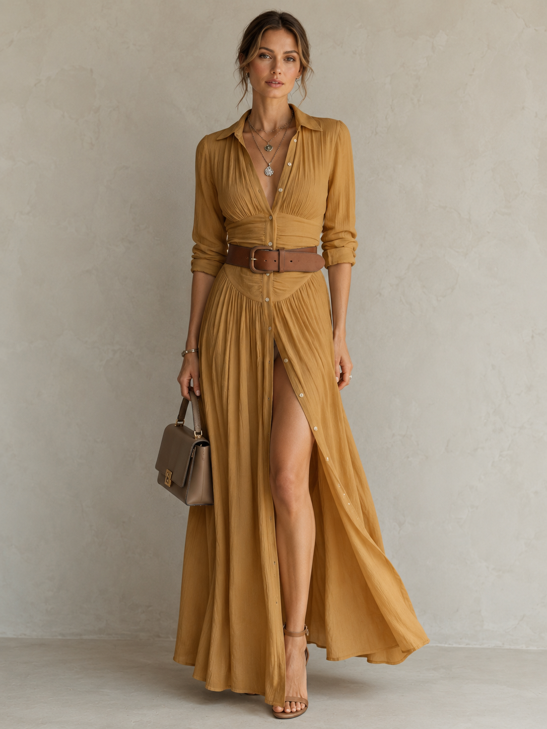 Margot Ruched Waist Button-Front Maxi Shirt Dress