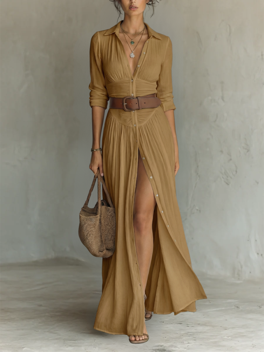 Effortless Maxi Dress for Women with Collared Button Front Long Sleeve Side Slit Bohemian Style