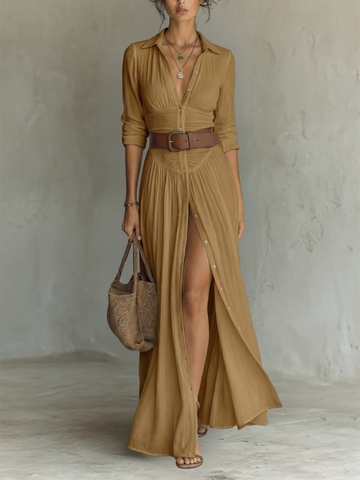 Effortless Brown Maxi Dress for Women with Collared Button Front Long Sleeve Side Slit Bohemian Style