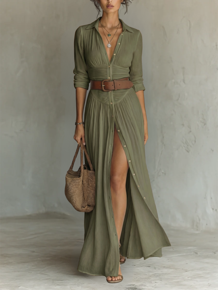 Effortless Maxi Dress for Women with Collared Button Front Long Sleeve Side Slit Bohemian Style