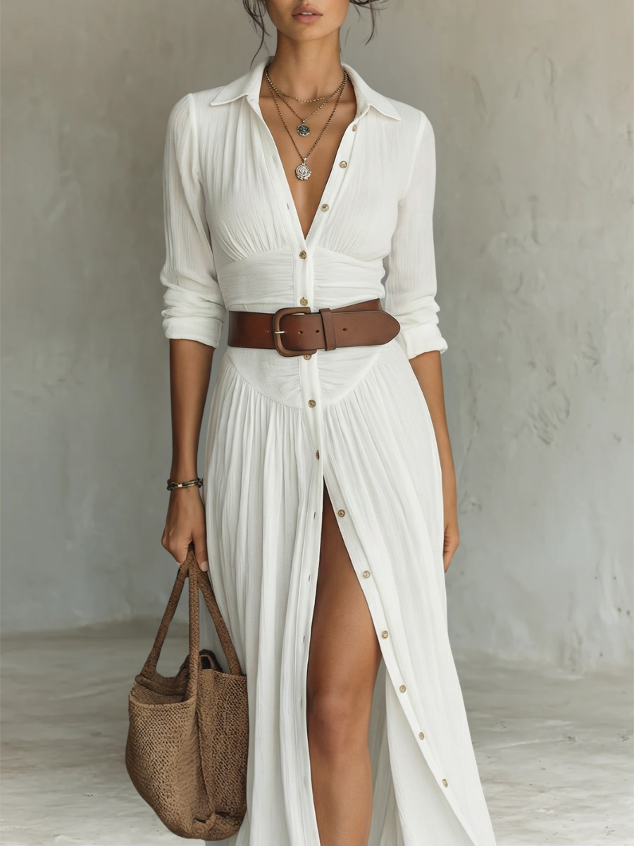 Brittany | Effortless White Boho Shirt Dress for Women in Casual Maxi Style