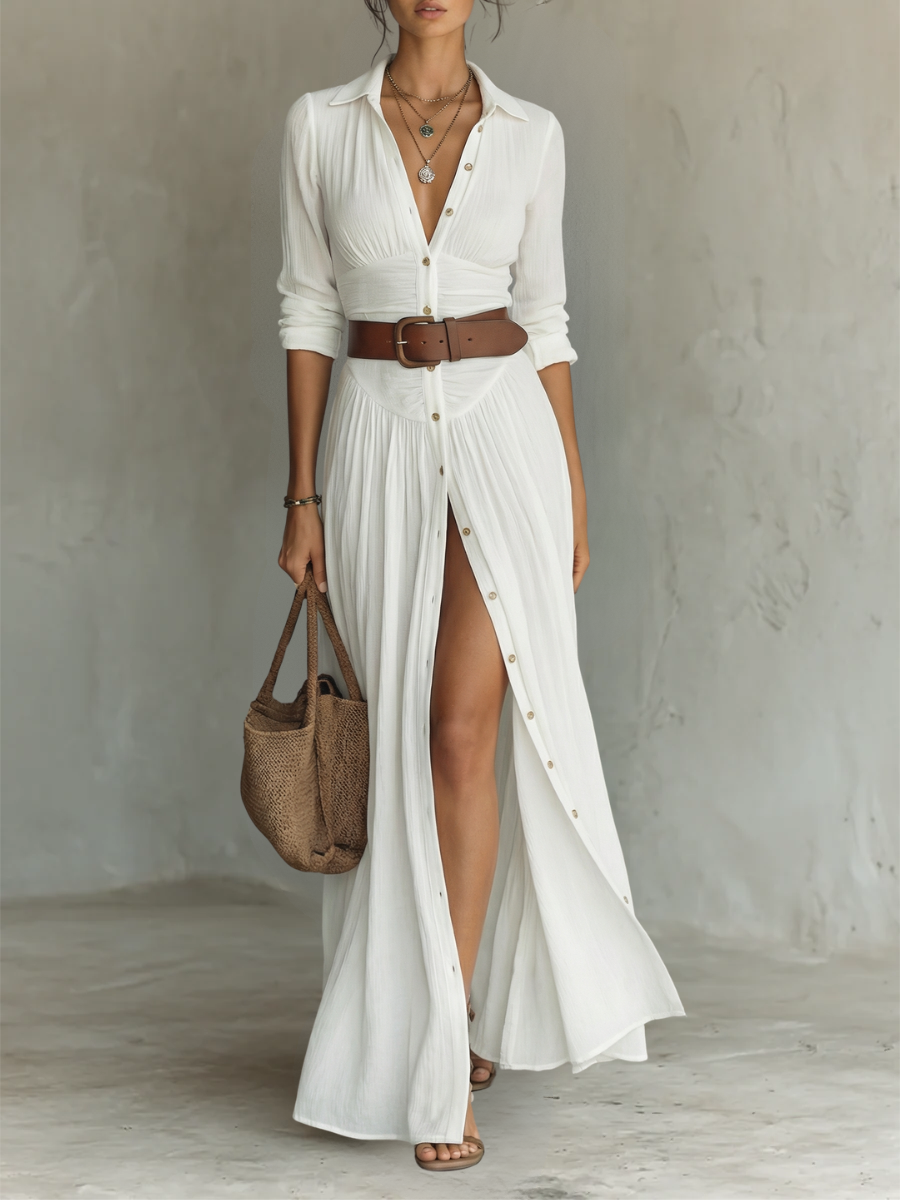 Brittany | Effortless White Boho Shirt Dress for Women in Casual Maxi Style