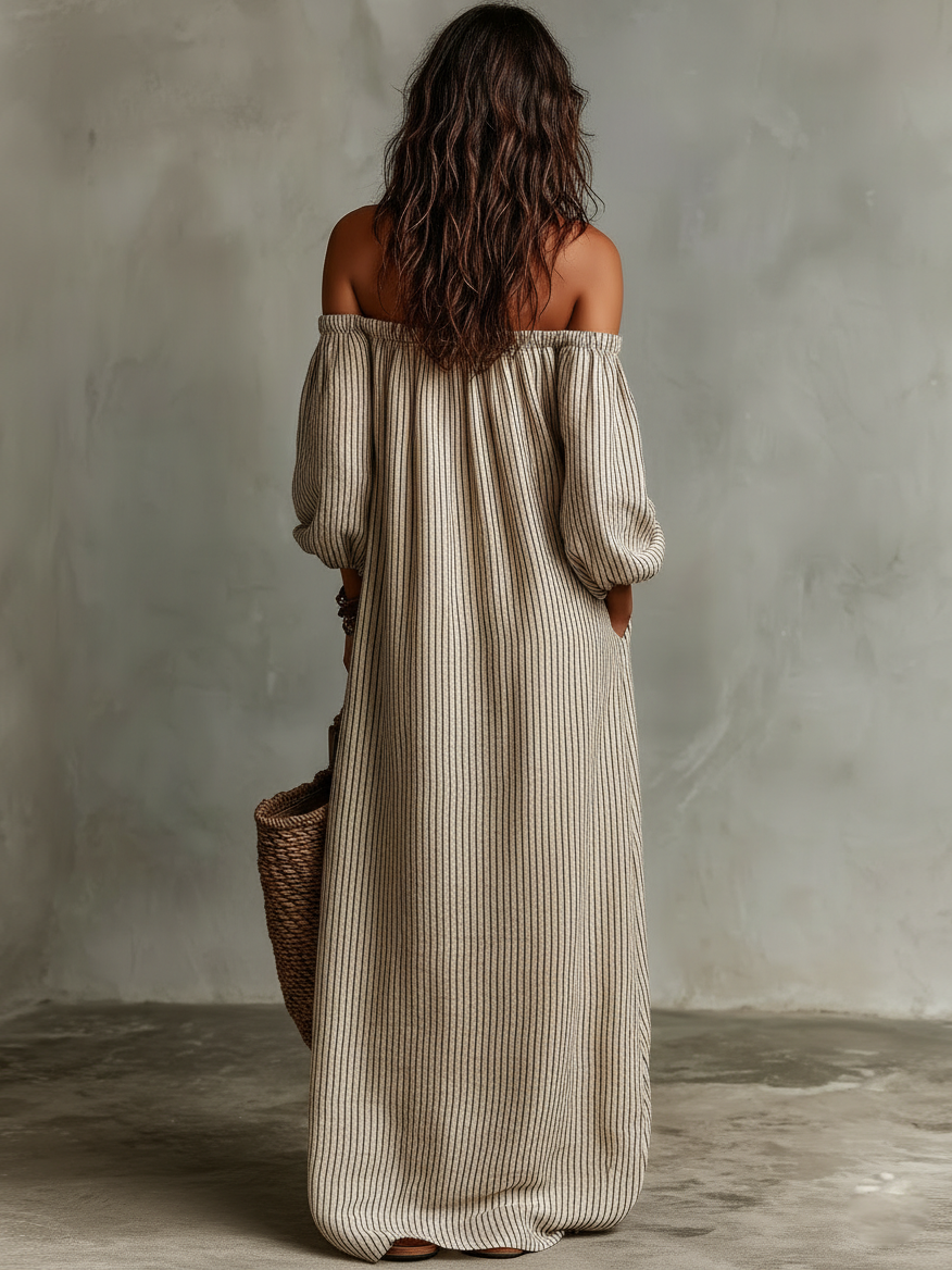 Effortless Striped Linen Maxi Dress for Women with Off Shoulder Puff Sleeve Flowing Casual Summer Style