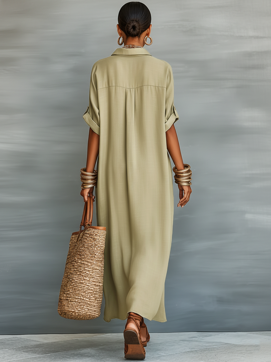 Effortless Shirt Dress for Women with Collared Neck Button Front Elbow Sleeve Linen Oversized Casual Maxi Style