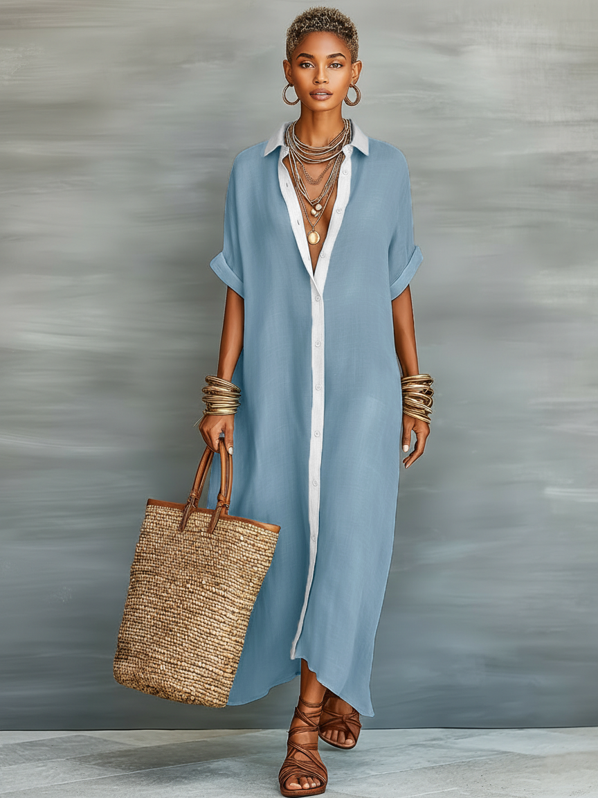 Effortless Shirt Dress for Women with Collared Neck Button Front Elbow Sleeve Linen Oversized Casual Maxi Style