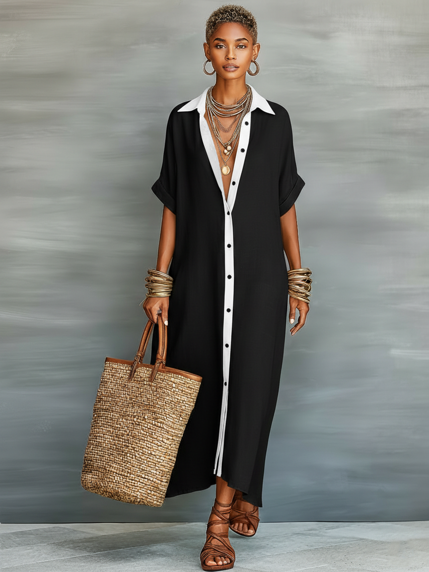 Effortless Shirt Dress for Women with Collared Neck Button Front Elbow Sleeve Linen Oversized Casual Maxi Style