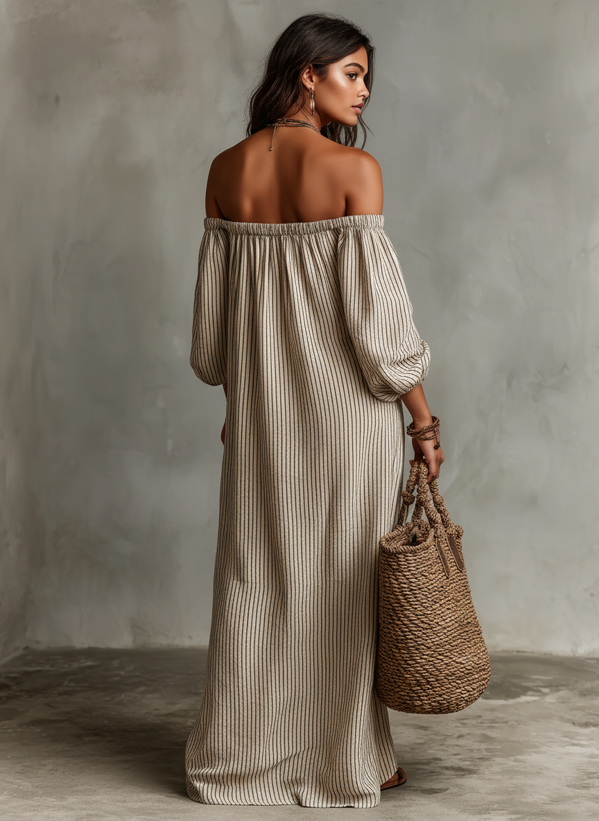 Effortless Striped Linen Maxi Dress for Women with Off Shoulder Puff Sleeve Flowing Casual Summer Style
