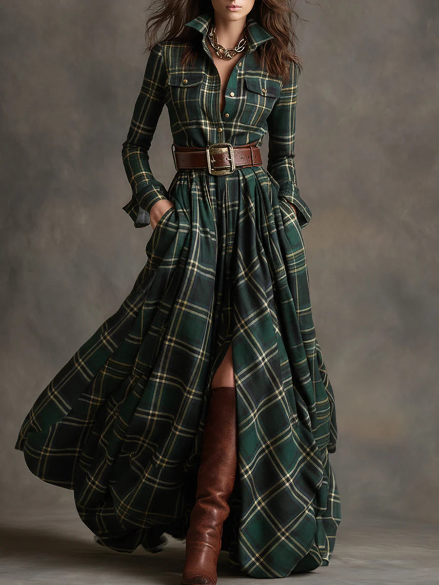 Effortless Plaid Maxi Shirt Dress for Women with Belted Flowing Style