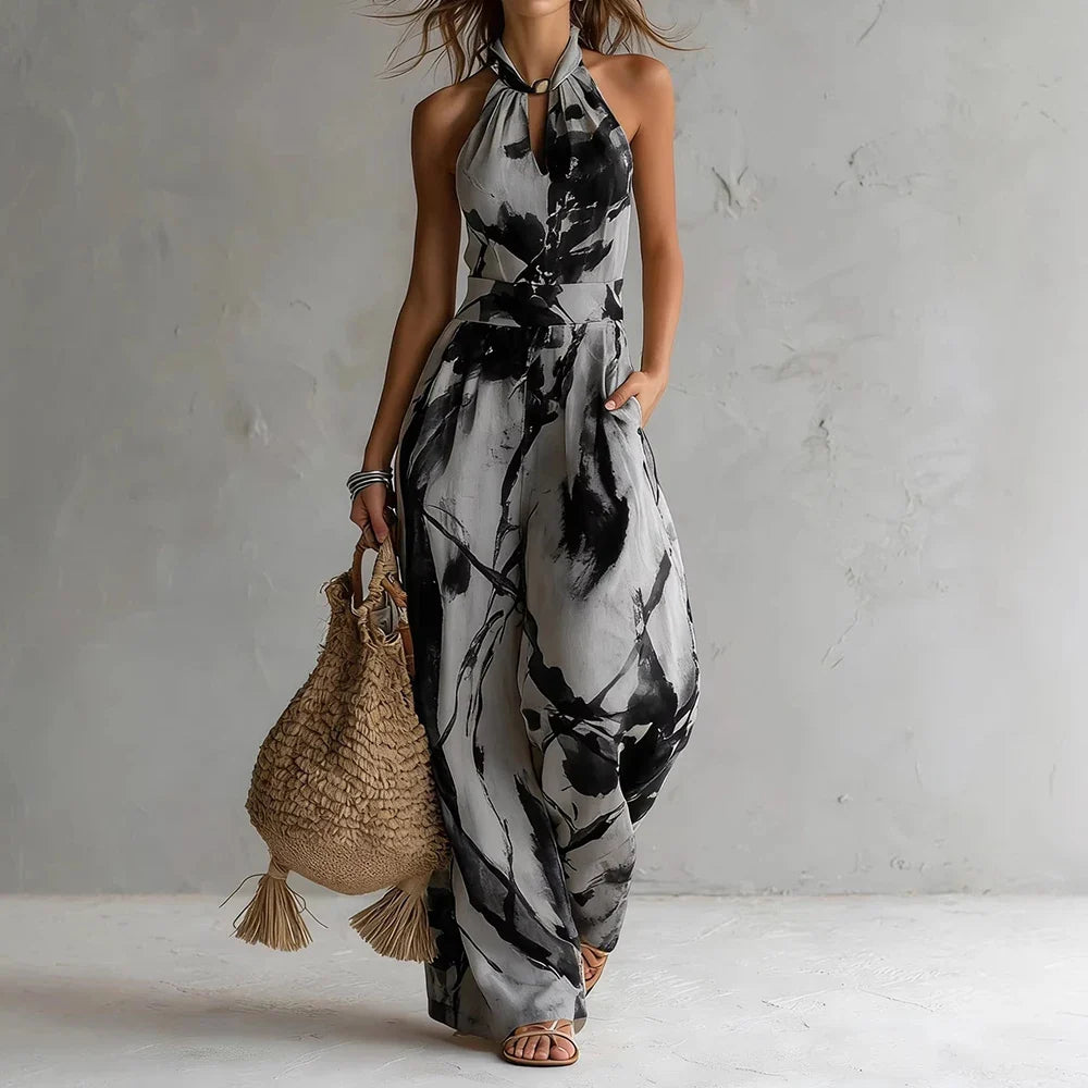 Elowyn Abstract Print Halter Balloon-Leg Jumpsuit