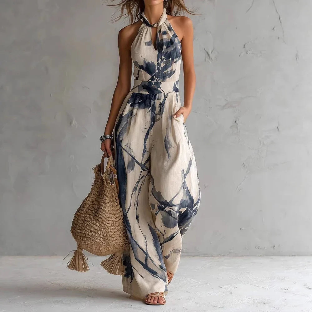 Elowyn Abstract Print Halter Balloon-Leg Jumpsuit