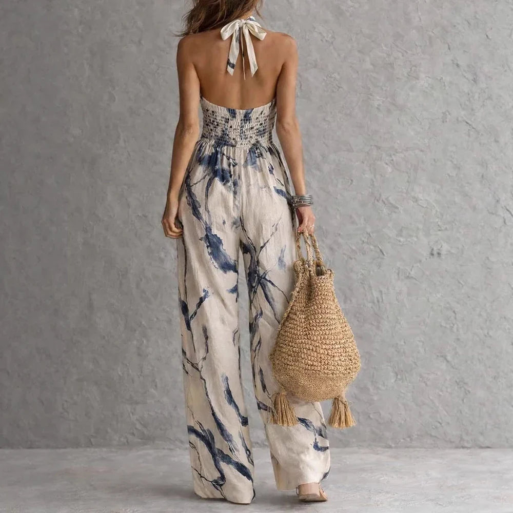 Elowyn Abstract Print Halter Balloon-Leg Jumpsuit