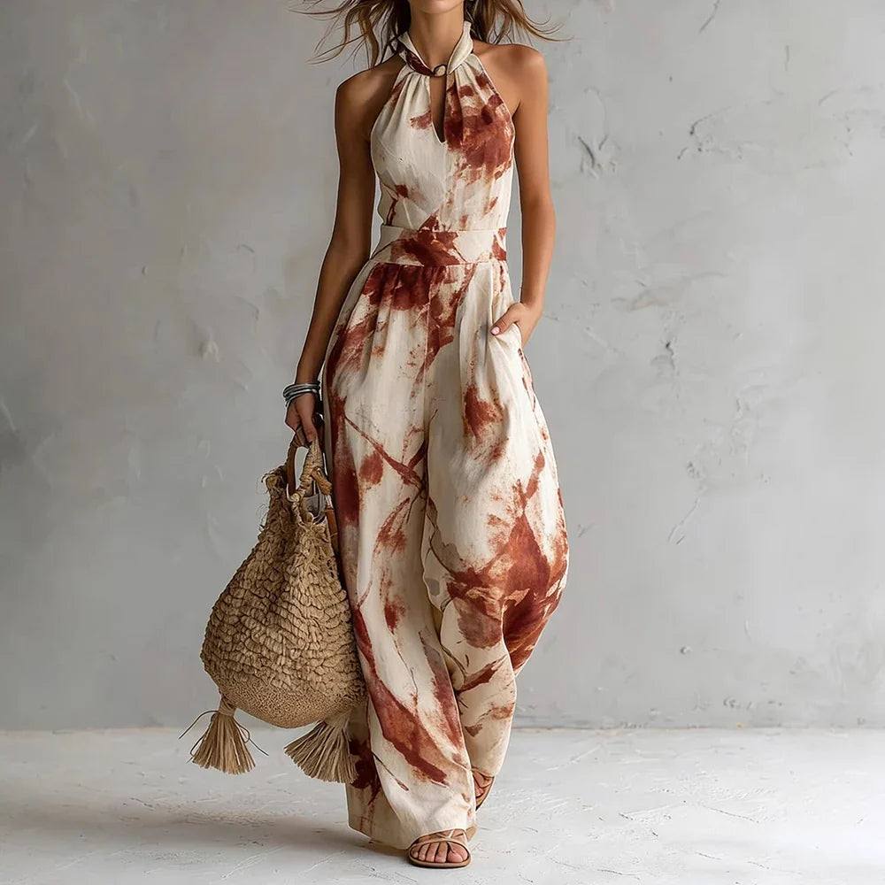 Elowyn Abstract Print Halter Balloon-Leg Jumpsuit