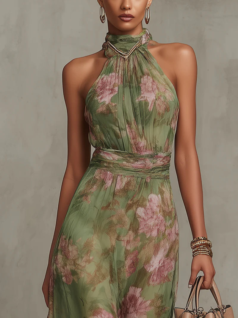 Elegant Green Floral Maxi Dress for Women with Halter Neck Sleeveless Ruched Waist Formal Wedding Guest Style