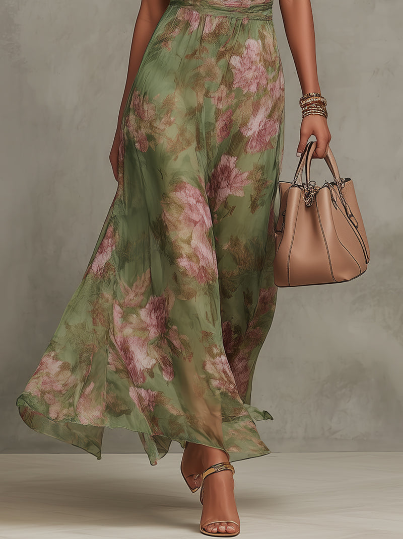 Elegant Green Floral Maxi Dress for Women with Halter Neck Sleeveless Ruched Waist Formal Wedding Guest Style