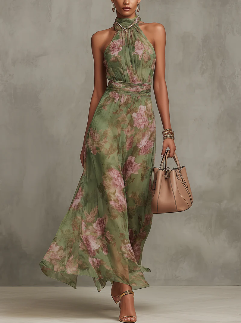 Elegant Green Floral Maxi Dress for Women with Halter Neck Sleeveless Ruched Waist Formal Wedding Guest Style