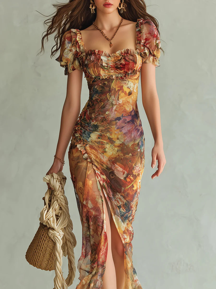 Elegant Orange Floral Maxi Dress for Women with Sweetheart Neck Short Sleeve Ruched Bodice Formal Wedding Guest Style