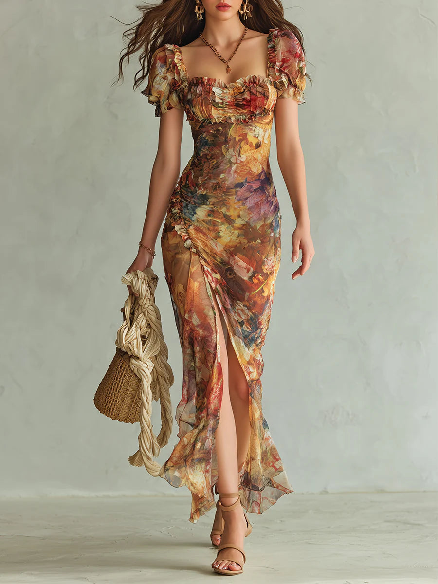 Elegant Orange Floral Maxi Dress for Women with Sweetheart Neck Short Sleeve Ruched Bodice Formal Wedding Guest Style