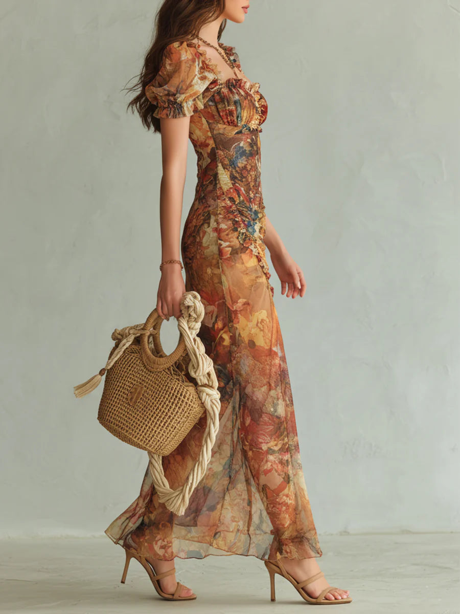 Elegant Orange Floral Maxi Dress for Women with Sweetheart Neck Short Sleeve Ruched Bodice Formal Wedding Guest Style