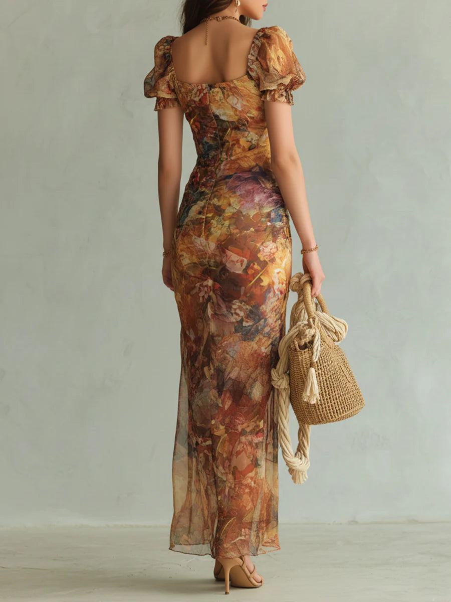 Effortless Floral Print Chiffon Maxi Dress for Women with Ruffle Sweetheart Neckline