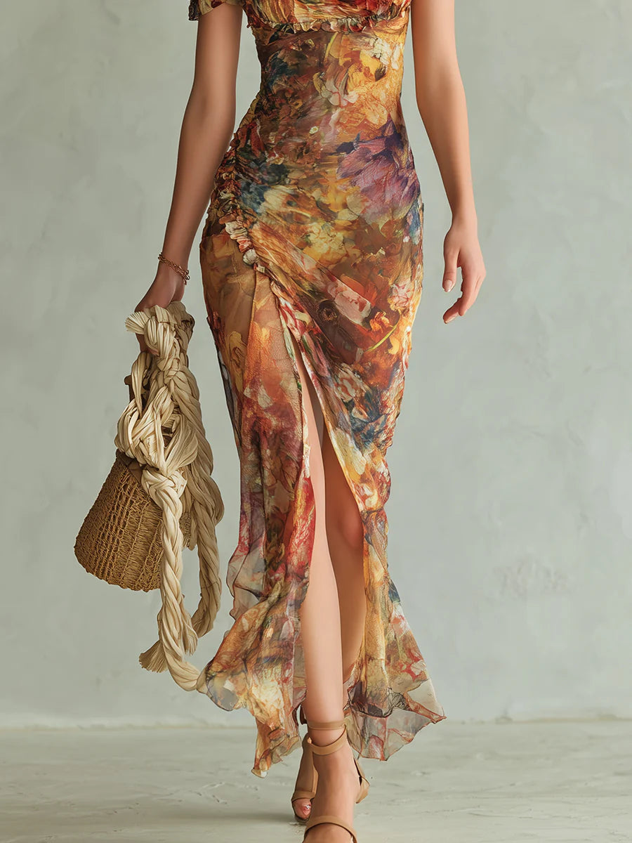 Elegant Orange Floral Maxi Dress for Women with Sweetheart Neck Short Sleeve Ruched Bodice Formal Wedding Guest Style