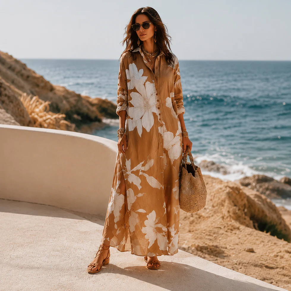 Effortless Brown Floral Shirt Maxi Dress for Women with Button Down Collar Flowing Style