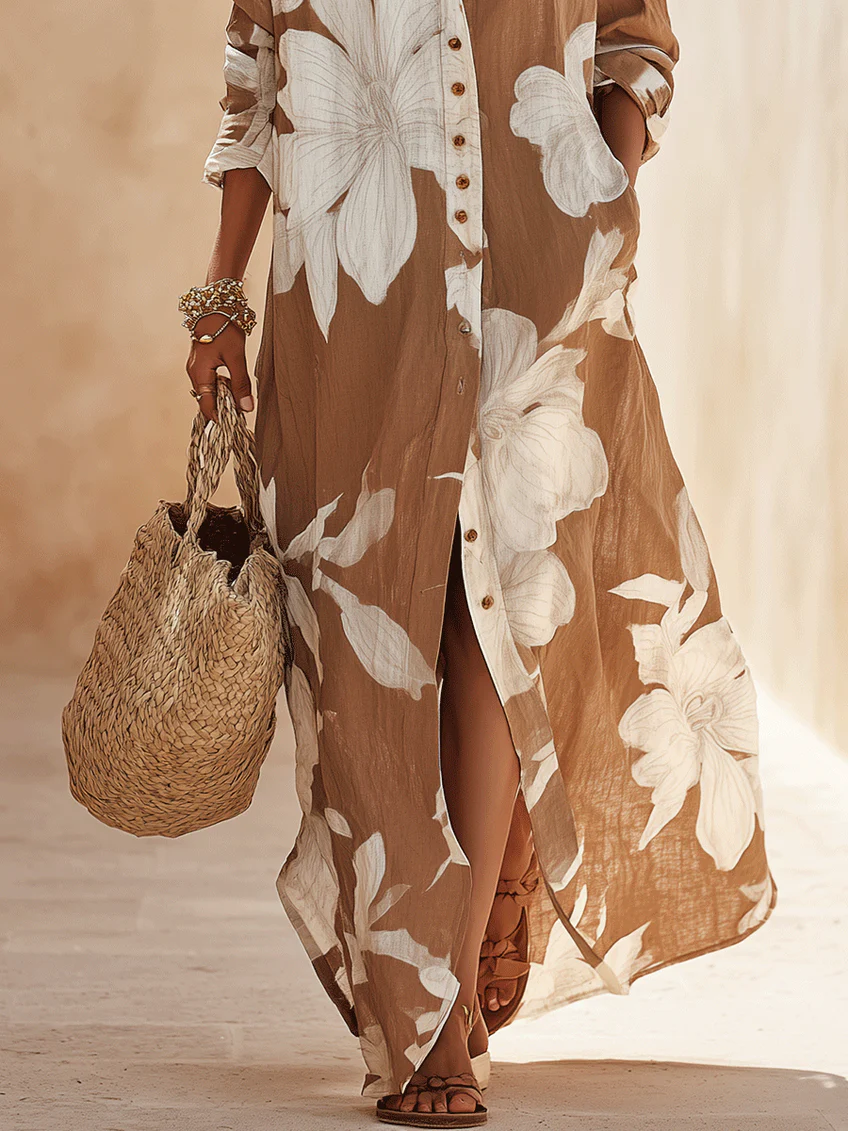 Effortless Brown Floral Shirt Maxi Dress for Women with Button Down Collar Flowing Style