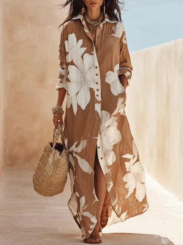 Effortless Brown Floral Shirt Maxi Dress for Women with Button Down Collar Flowing Style