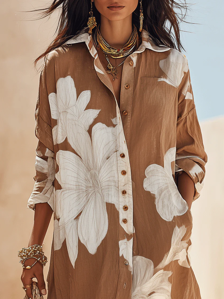 Effortless Brown Floral Shirt Maxi Dress for Women with Button Down Collar Flowing Style