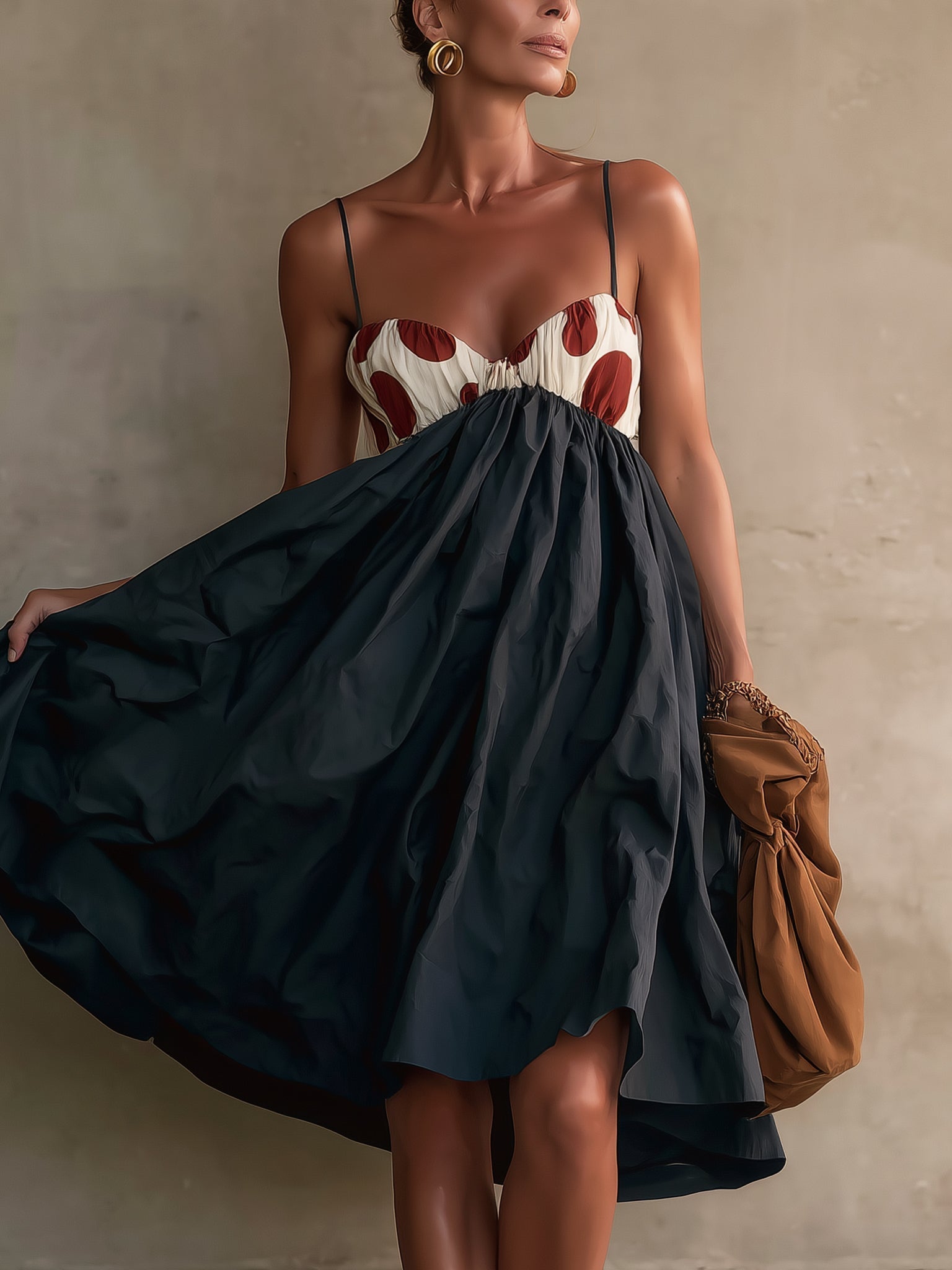 Elegant Black Midi Dress for Women with Spaghetti Strap Corset Bodice Full Skirt Cocktail Style