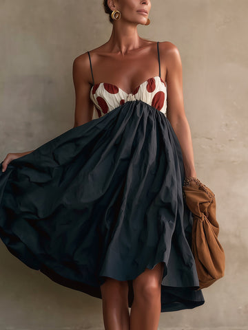 Elegant Black Midi Dress for Women with Spaghetti Strap Corset Bodice Full Skirt Cocktail Style
