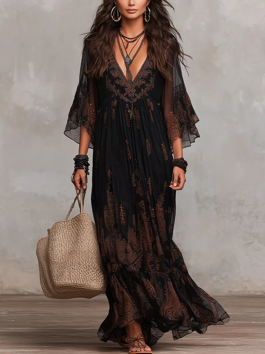 Elegant Black Maxi Dress for Women with V Neck Flutter Sleeve Lace Detail Tiered Flowing Boho Style