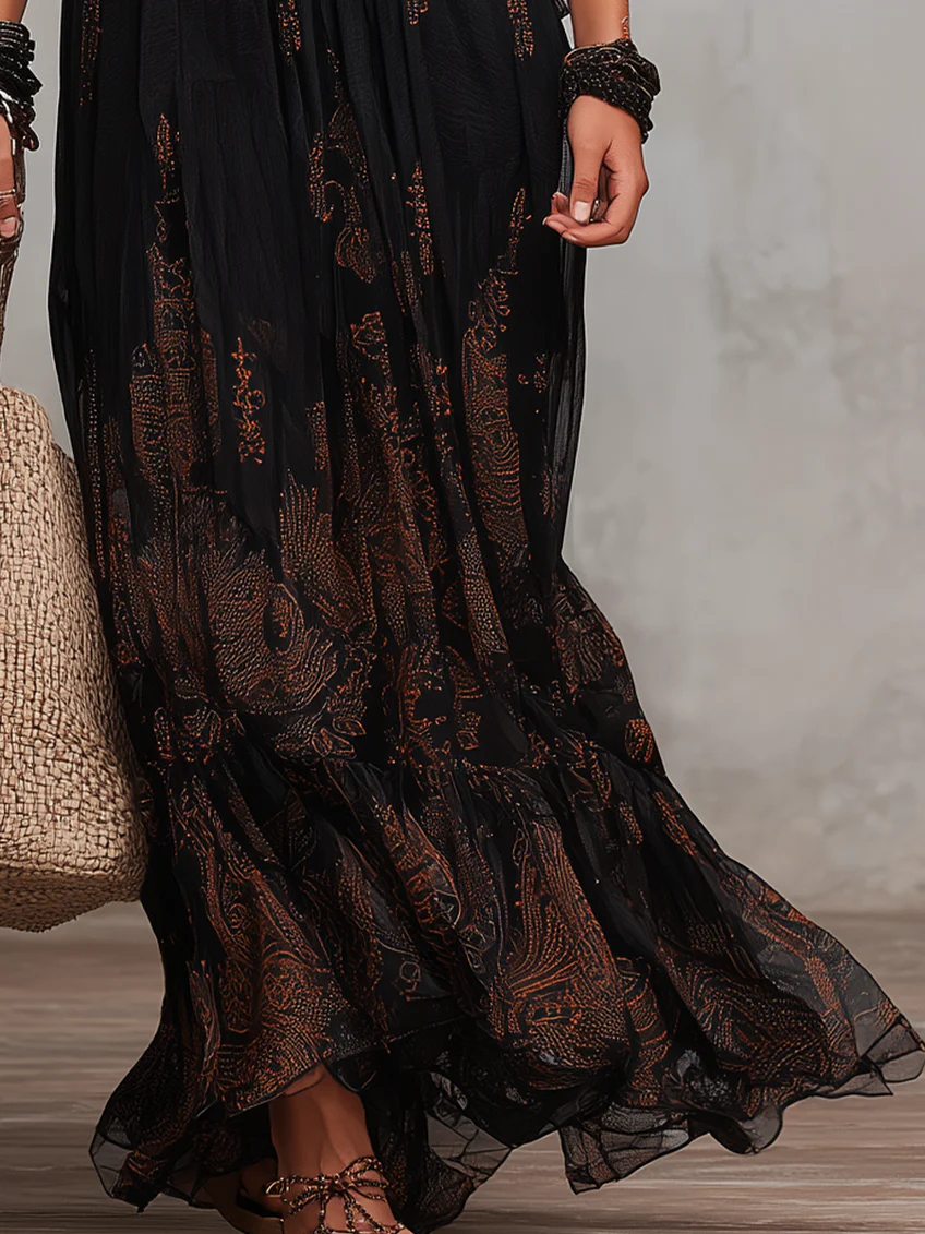 Elegant Black Maxi Dress for Women with V Neck Flutter Sleeve Lace Detail Tiered Flowing Boho Style