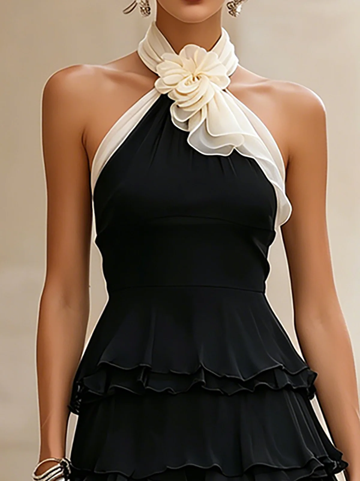 Elegant Black Mini Dress for Women with Halter Neck Contrast Rosette Tiered Ruffle Cocktail Style