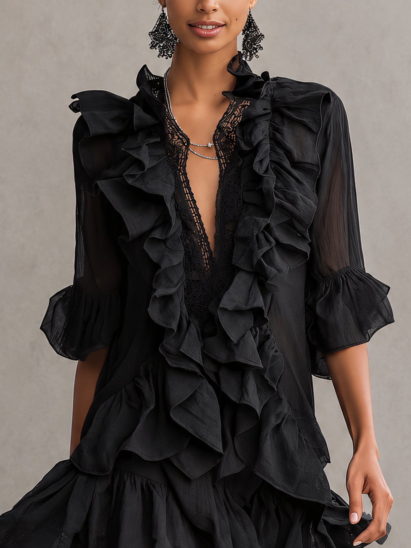 Selene Black Ruffle Chiffon Mini Dress
