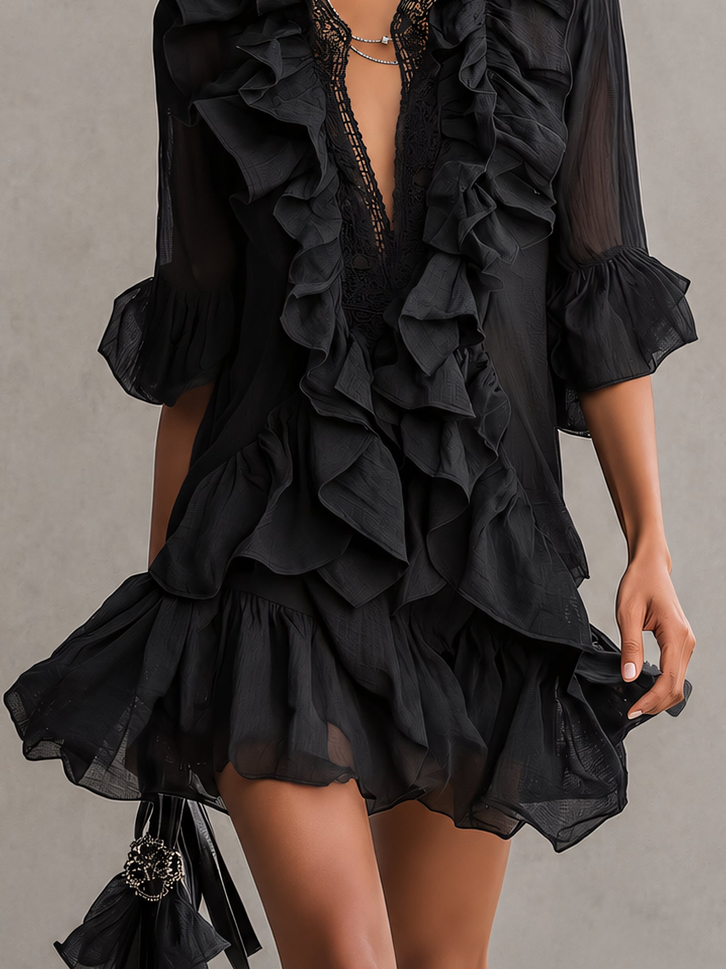 Selene Black Ruffle Chiffon Mini Dress