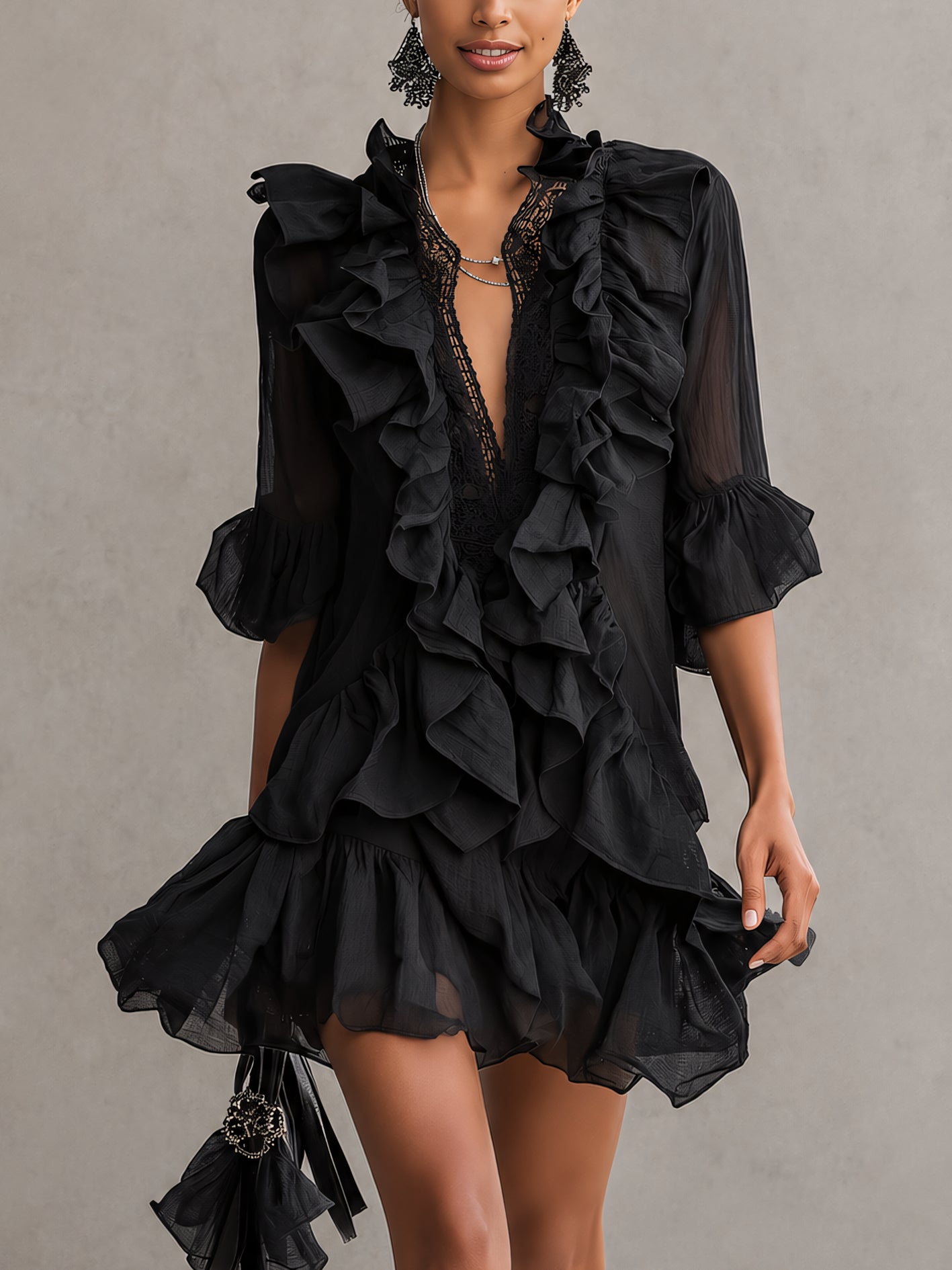 Selene Black Ruffle Chiffon Mini Dress