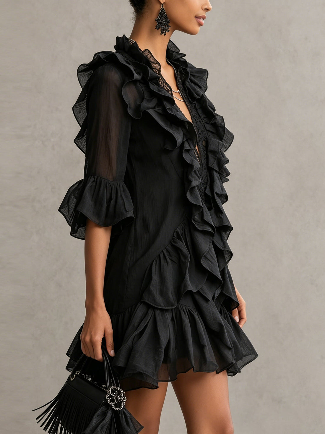 Elegant Black Ruffle Mini Dress for Women with V-Neck Sheer Sleeve Tiered Style