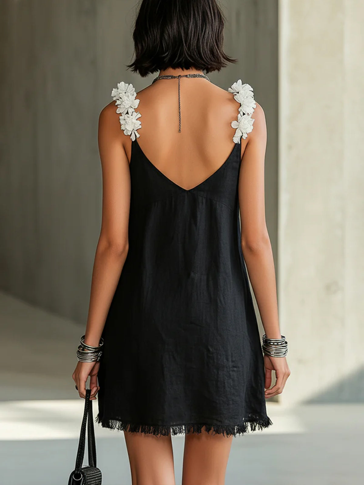 Effortless Black Slip Mini Dress for Women with V-Neck Fringe Frayed Hem