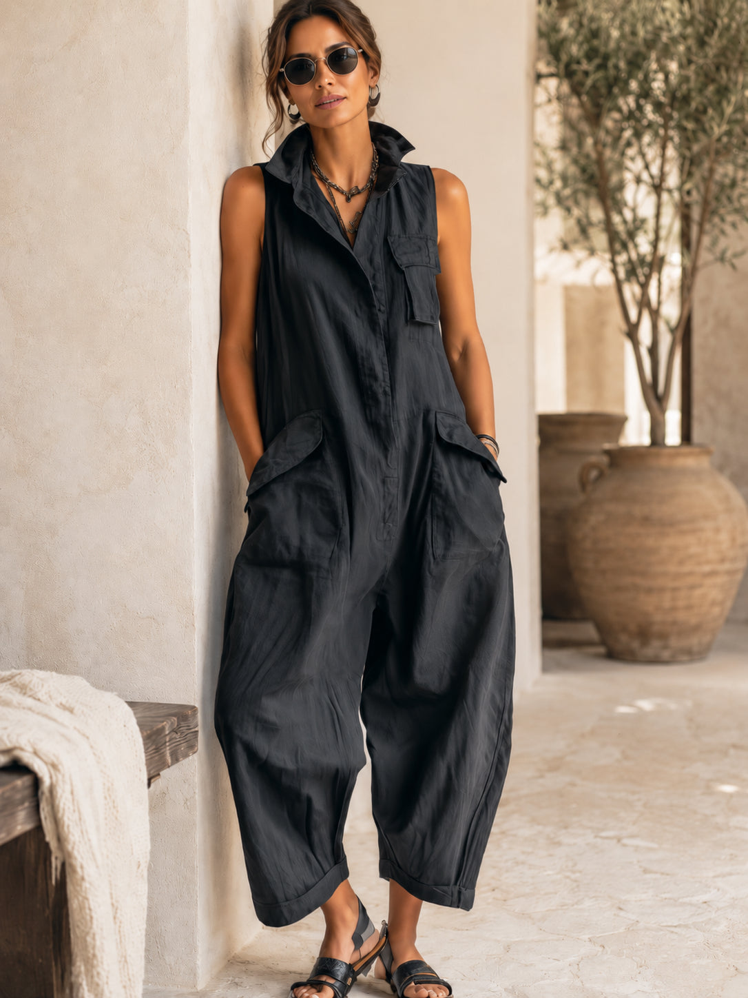 Effortless Black Linen Jumpsuit for Women with Collar Sleeveless Wide Leg Style