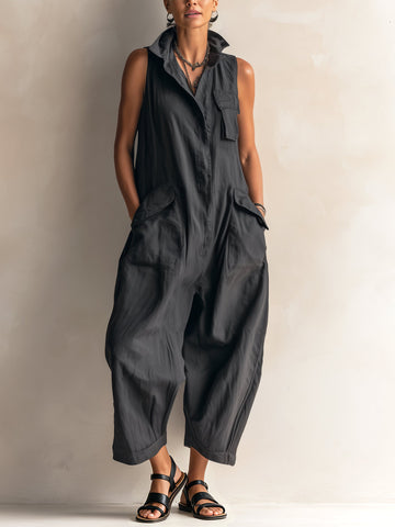 Effortless Black Linen Jumpsuit for Women with Collar Sleeveless Wide Leg Style