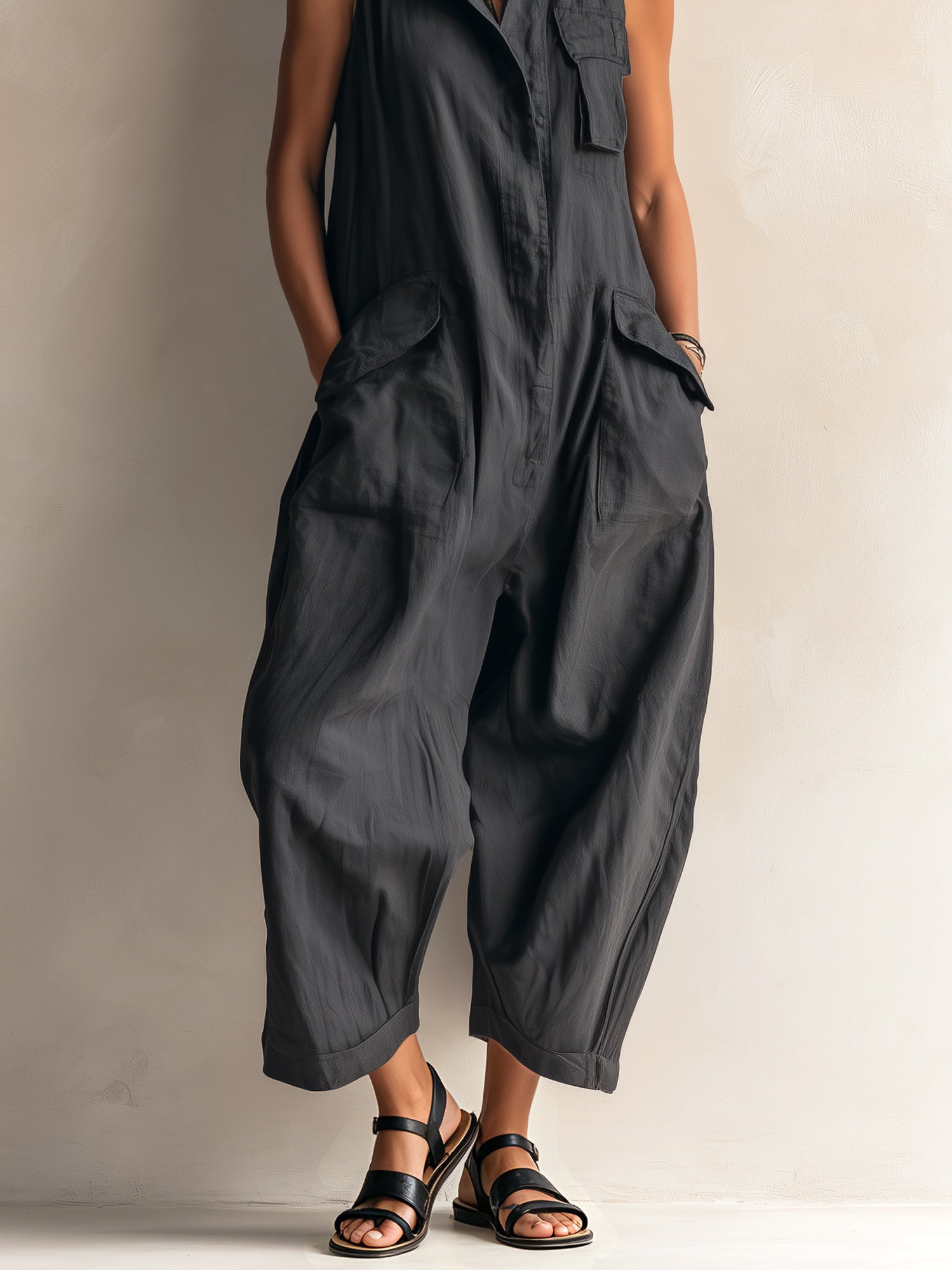Effortless Black Linen Jumpsuit for Women with Collar Sleeveless Wide Leg Style