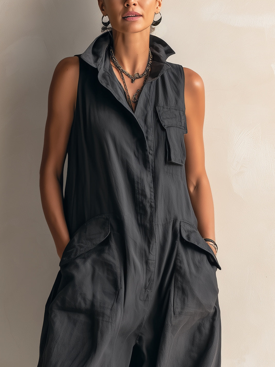 Effortless Black Linen Jumpsuit for Women with Collar Sleeveless Wide Leg Style
