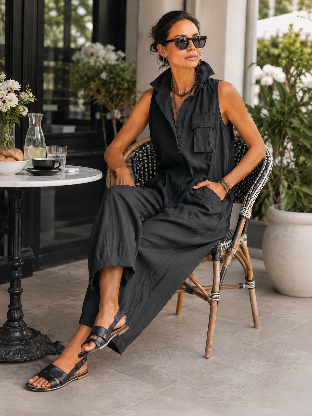 Effortless Black Linen Jumpsuit for Women with Collar Sleeveless Wide Leg Style