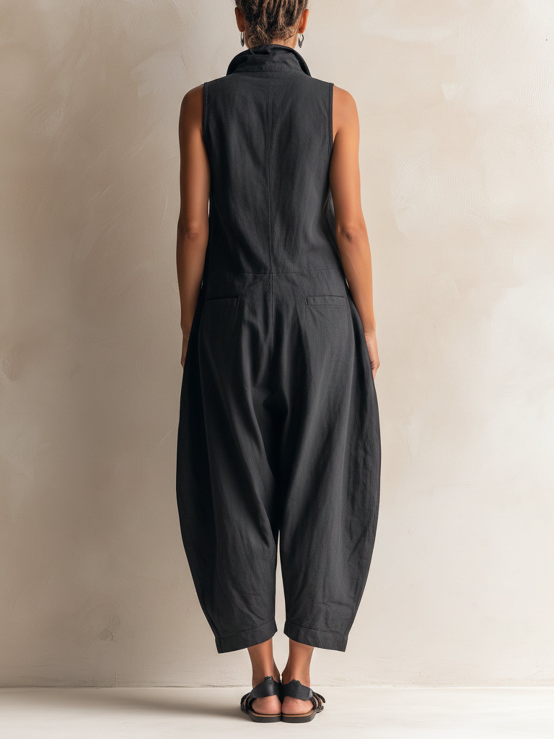 Effortless Black Linen Jumpsuit for Women with Collar Sleeveless Wide Leg Style