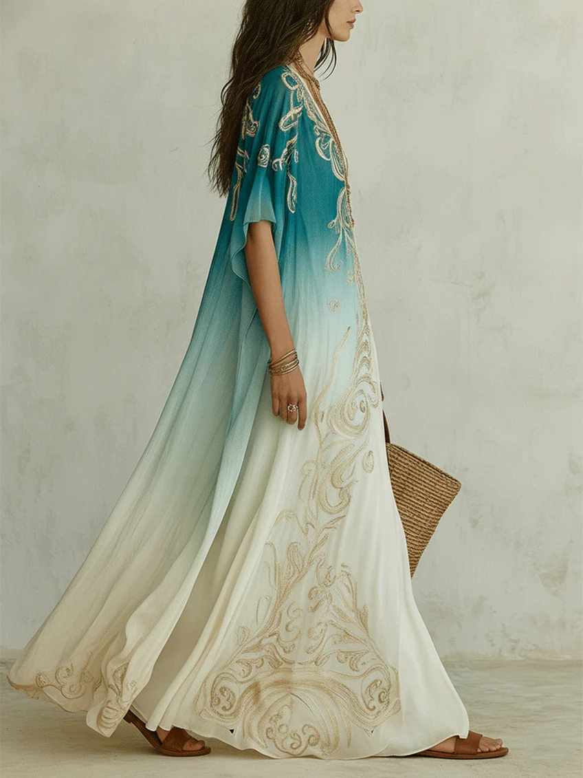 Effortless Blue Ombre Kaftan Maxi Dress for Women with V-Neck Flowing Boho Style