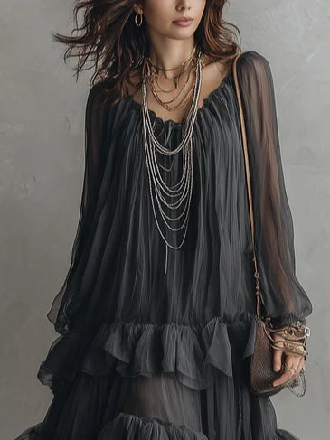 Effortless Black Sheer Tiered Maxi Dress for Women with V-Neck Flowing Ruffle Style