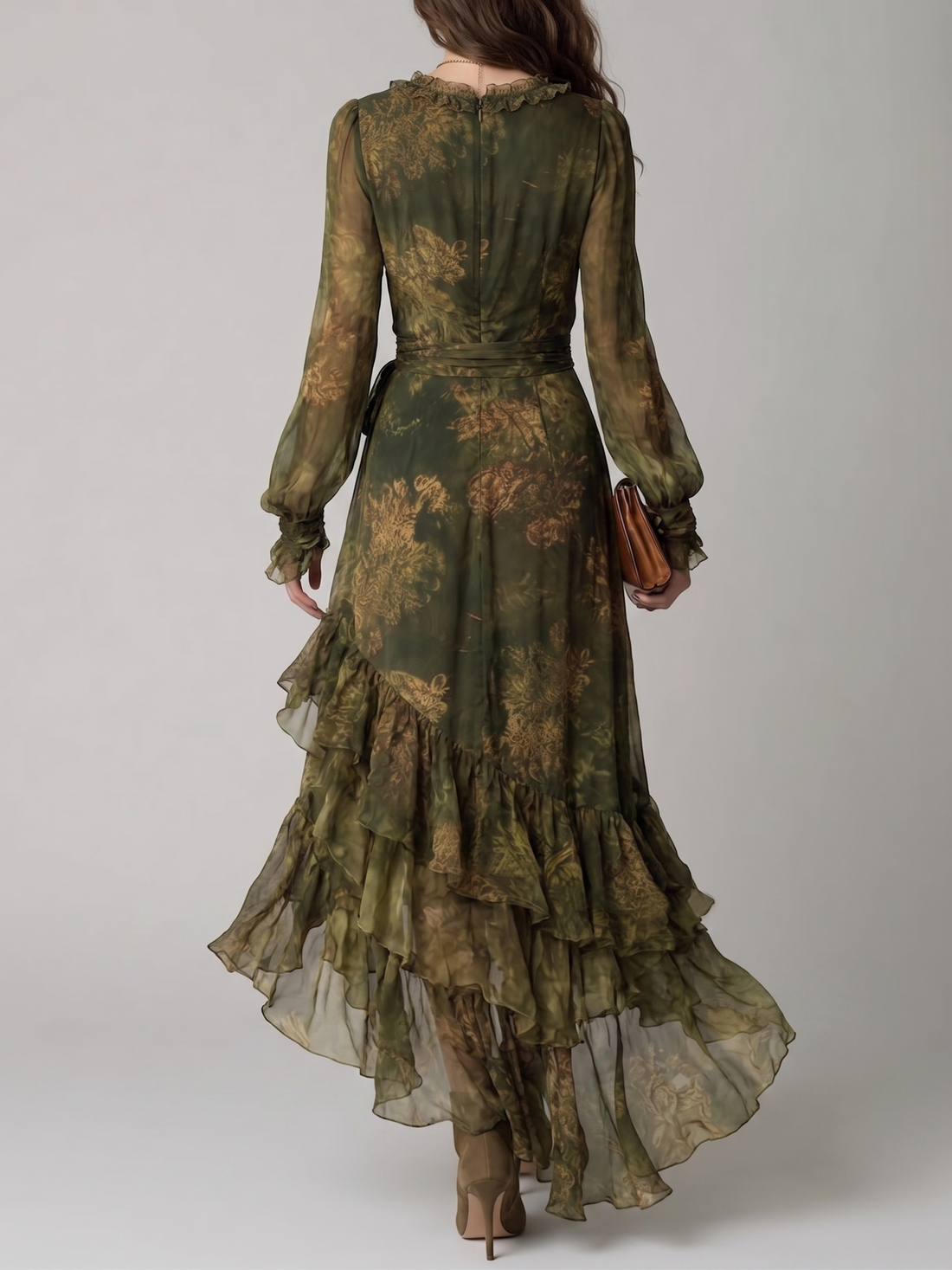 Elegant Green Floral Wrap Maxi Dress for Women with V-Neck Ruffle Tiered Hem